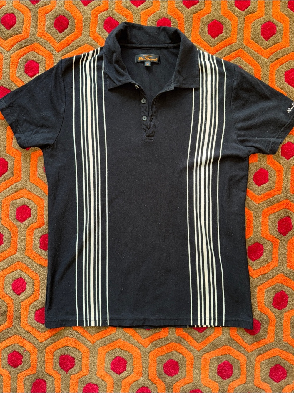 MAKE OFFER! Ben Sherman Black Polo Vertical White Stripe Panels shirt Men's Med.